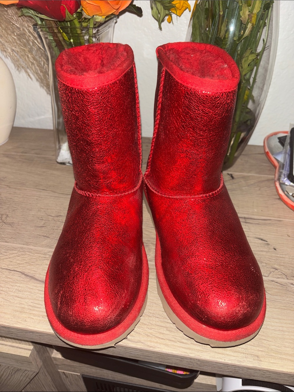 UGG Kids Shiny Red Faux-Fur Lined Boots